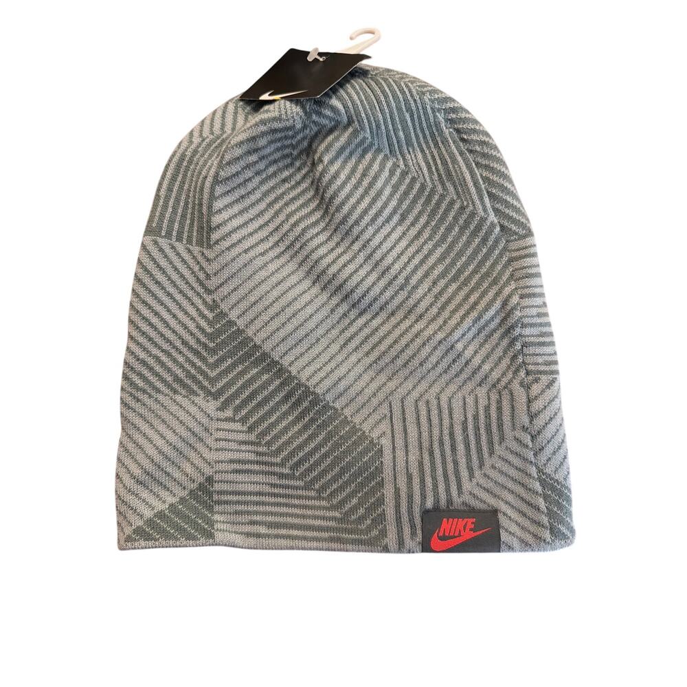 Nike Men's Gray Striped Geometric Winter Beanie Cap One Size New